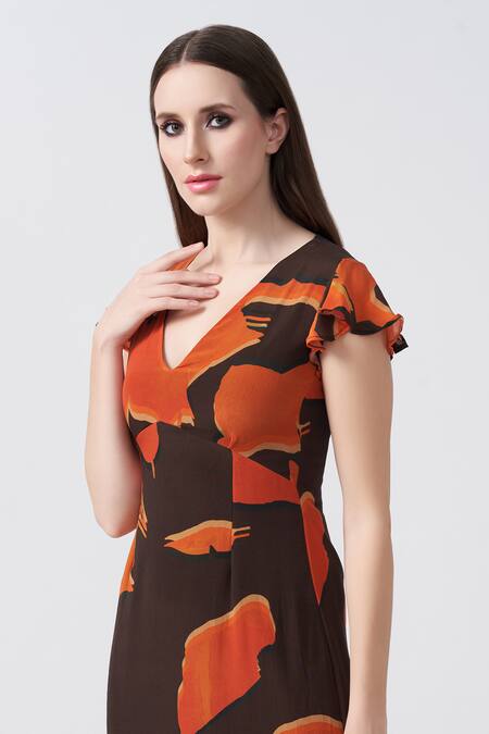 Shop_House Of Varada_Brown Crepe V-neck Ivy Bloom Print Maxi Dress _Online_at_Aza_Fashions