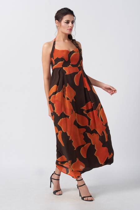 House Of Varada_Brown Crepe Halter Neck Ivy Bloom Print Maxi Dress _Online_at_Aza_Fashions