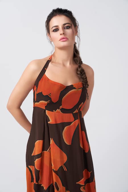 Buy_House Of Varada_Brown Crepe Halter Neck Ivy Bloom Print Maxi Dress _Online_at_Aza_Fashions