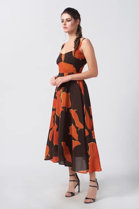 House Of Varada_Brown Crepe Sweetheart Neck Ivy Blossom Print Midi Dress _Online_at_Aza_Fashions