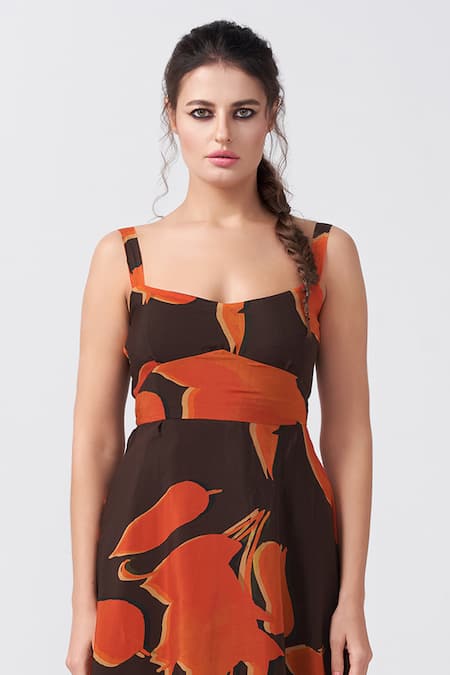 Buy_House Of Varada_Brown Crepe Sweetheart Neck Ivy Blossom Print Midi Dress _Online_at_Aza_Fashions