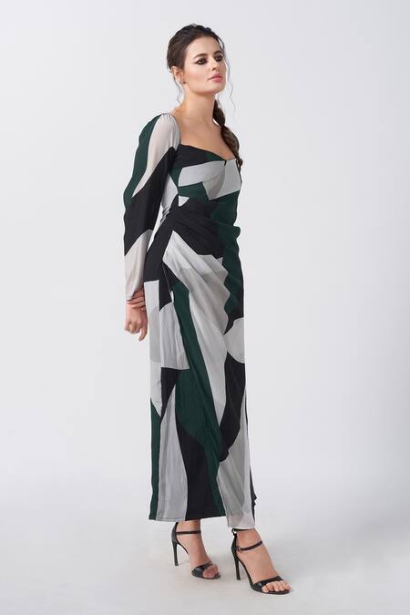 House Of Varada_Green Crepe Sweetheart Neck Dimension Print Midi Dress _Online_at_Aza_Fashions