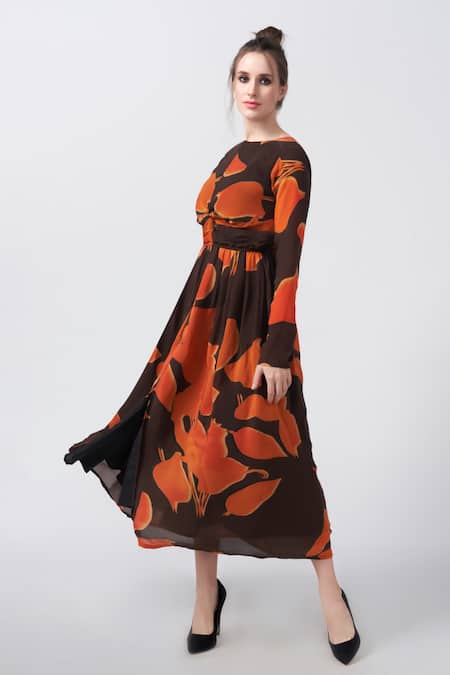 House Of Varada_Brown Crepe Boat Neck Autumn Bloom Print Midi Dress _Online_at_Aza_Fashions