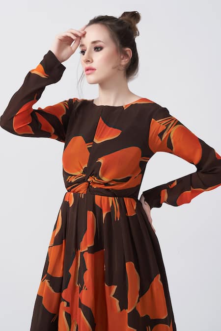 Buy_House Of Varada_Brown Crepe Boat Neck Autumn Bloom Print Midi Dress _Online_at_Aza_Fashions