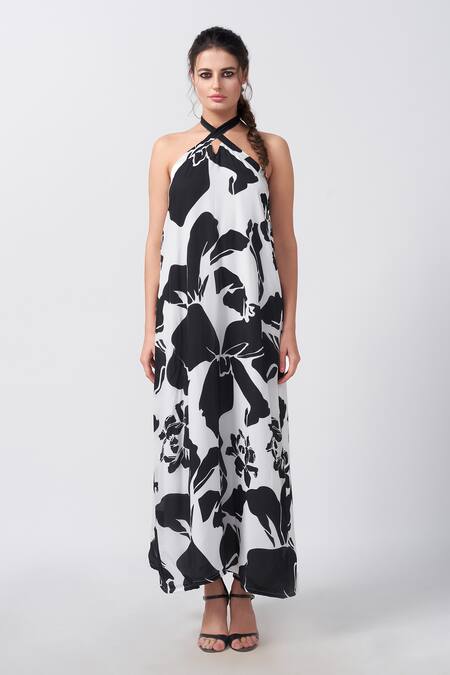 House Of Varada Black Crepe Halter Neck Floral Print Maxi Dress Online at Aza Fashions House Of Varada_Black Crepe Halter Neck Floral Print Maxi Dress _Online_at_Aza_Fashions