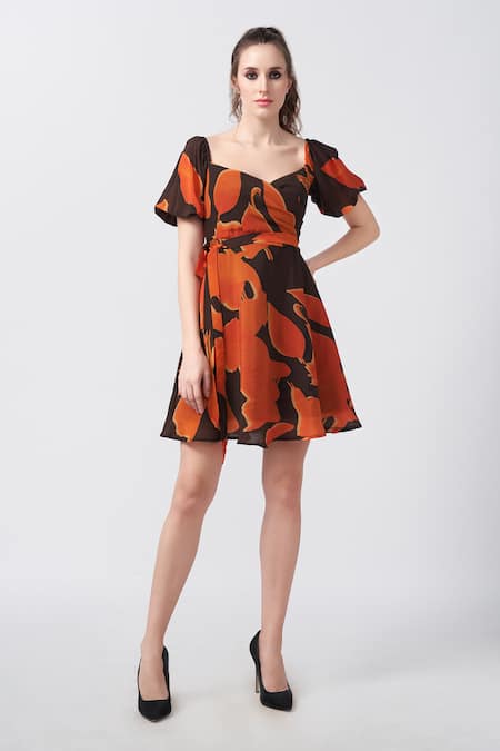 House of Varada Brown Crepe Print Florence Off Shoulder Sweetheart Neck Short Dress 