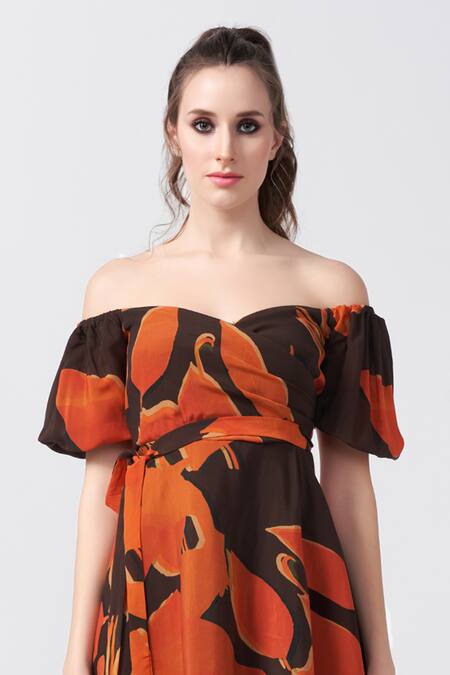 House Of Varada_Brown Crepe Off-shoulder Off Short Dress _Online_at_Aza_Fashions