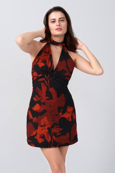 Shop_House Of Varada_Orange Chiffon Halter Neck Abstract Floral Print Tie Up Dress _Online_at_Aza_Fashions