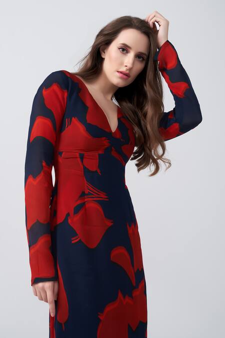 Buy_House Of Varada_Red Chiffon Embroidery V-neck Abstract Floral Print Dress _Online_at_Aza_Fashions