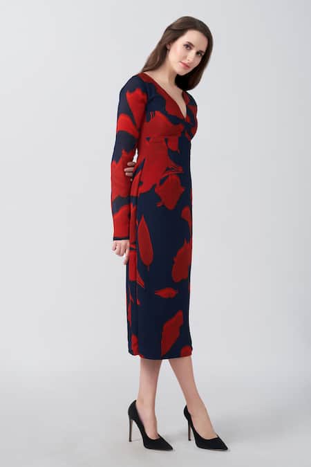 Shop_House Of Varada_Red Chiffon Embroidery V-neck Abstract Floral Print Dress _Online_at_Aza_Fashions