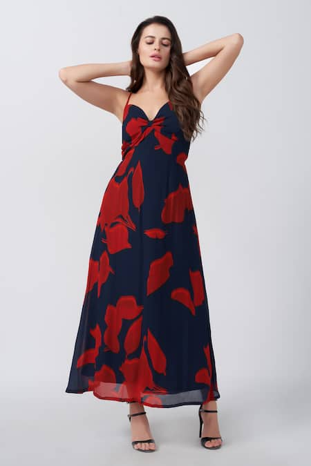 House of Varada Abstract Floral Print Ruched Yoke Dress 