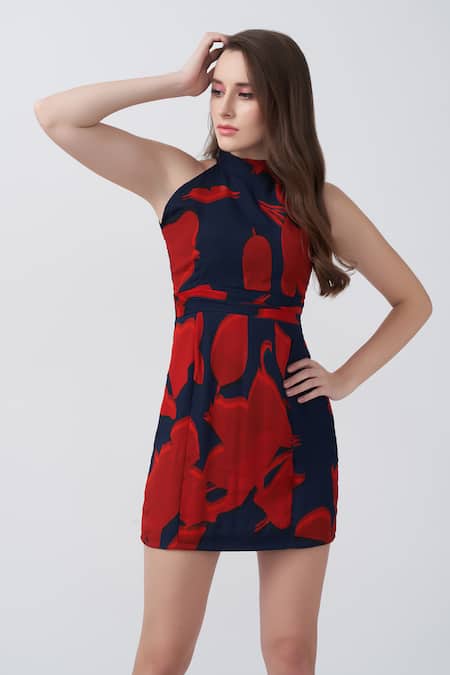 Buy_House Of Varada_Red Chiffon Halter Neck Abstract Floral Print Dress _Online_at_Aza_Fashions