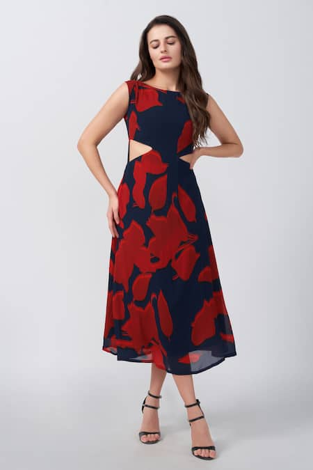 House of Varada Red Chinon Print Abstract Boat Neck Floral Cutout A-line Dress 