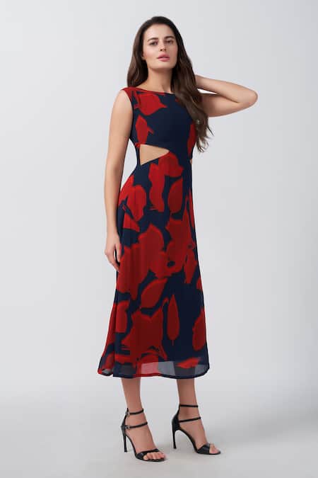 House Of Varada_Red Chiffon Boat Neck Abstract Floral Print Cutout A-line Dress _Online_at_Aza_Fashions