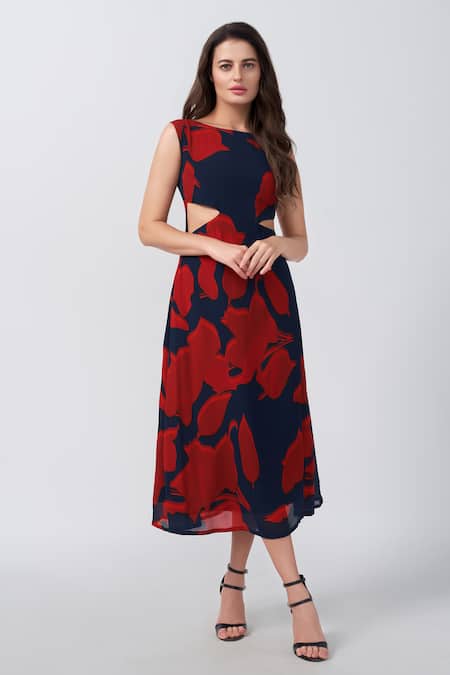 Buy_House Of Varada_Red Chiffon Boat Neck Abstract Floral Print Cutout A-line Dress _Online_at_Aza_Fashions