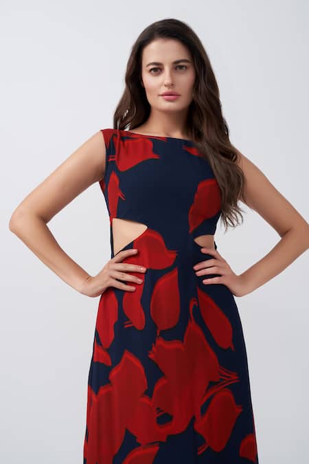 Shop_House Of Varada_Red Chiffon Boat Neck Abstract Floral Print Cutout A-line Dress _Online_at_Aza_Fashions