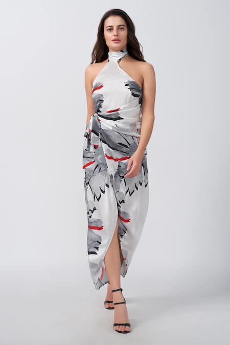 Buy House Of Varada White Modal, Satin Halter Neck Floral Print Asymmetric Wrap Dress Online at Aza Fashions Buy_House Of Varada_White Modal, Satin Halter Neck Floral Print Asymmetric Wrap Dress _Online_at_Aza_Fashions