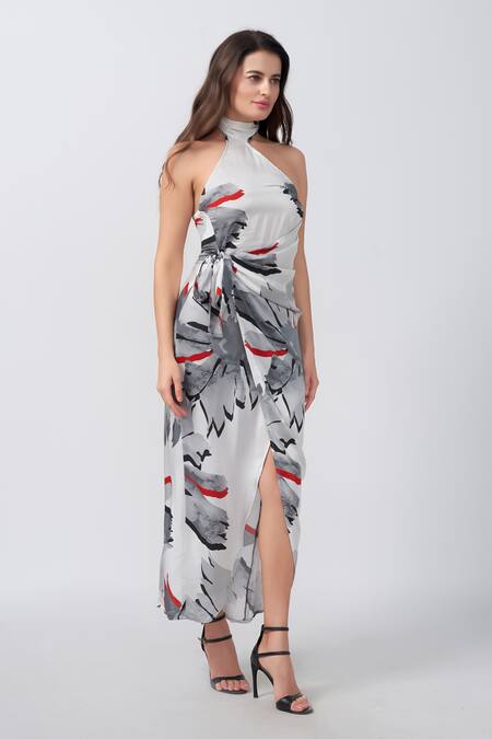 Shop House Of Varada White Modal, Satin Halter Neck Floral Print Asymmetric Wrap Dress Online at Aza Fashions Shop_House Of Varada_White Modal, Satin Halter Neck Floral Print Asymmetric Wrap Dress _Online_at_Aza_Fashions