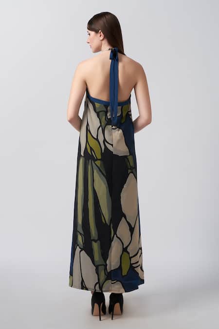 House Of Varada Abstract Floral Print Halter Neck A-Line Dress 