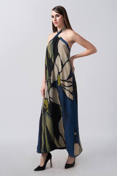 House Of Varada_Blue Crepe Halter Neck Abstract Floral Print A-line Dress _Online_at_Aza_Fashions
