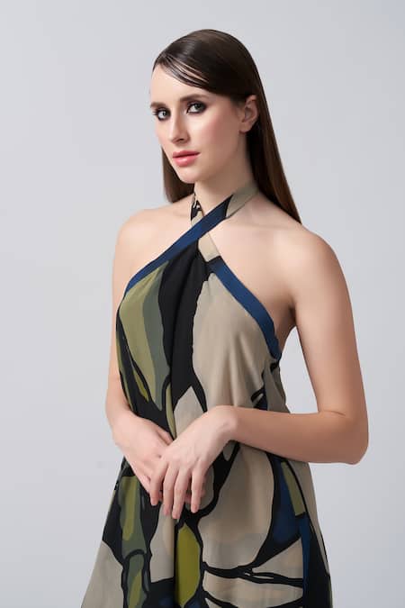Buy_House Of Varada_Blue Crepe Halter Neck Abstract Floral Print A-line Dress _Online_at_Aza_Fashions