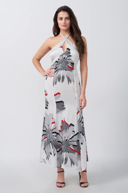 House of Varada White Modal Satin Print Floral Halter Neck Abstract Panelled Dress 