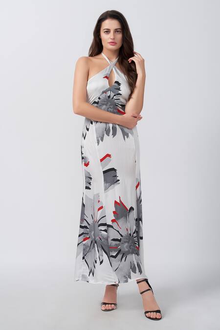 House Of Varada_White Modal, Satin Halter Neck Abstract Floral Print Panelled Dress _Online_at_Aza_Fashions