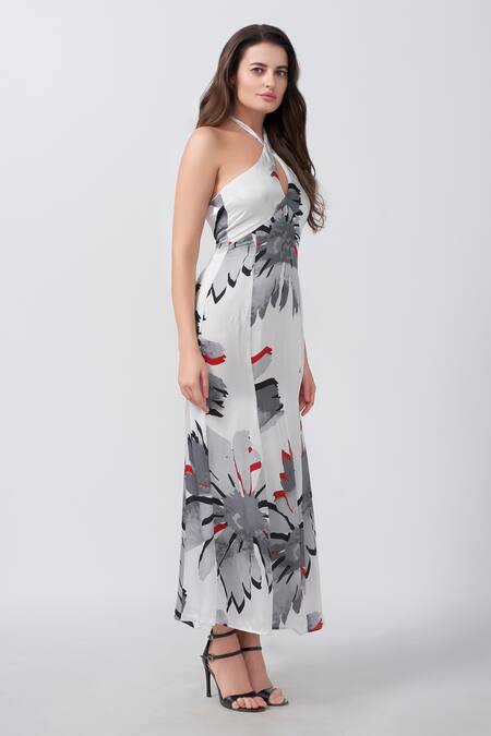 Buy_House Of Varada_White Modal, Satin Halter Neck Abstract Floral Print Panelled Dress _Online_at_Aza_Fashions