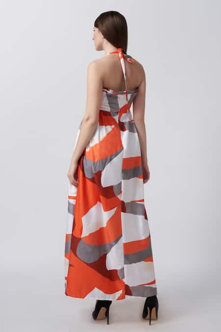 House Of Varada Abstract Print Halter Neck Tie Up Dress 