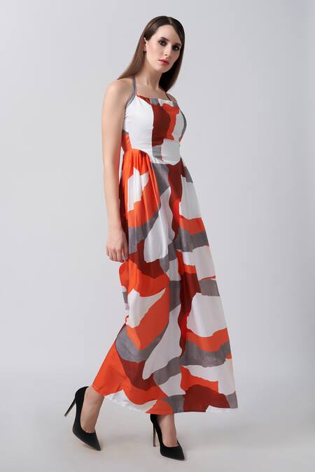 House Of Varada_Orange Cotton Satin Halter Neck Abstract Print Tie Up Dress _Online_at_Aza_Fashions