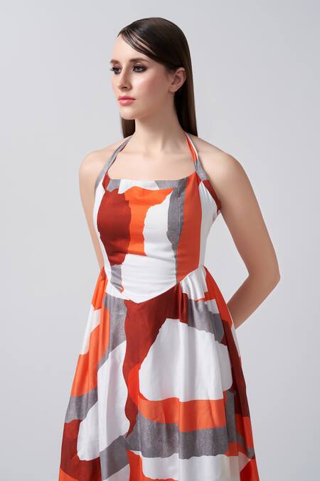Buy_House Of Varada_Orange Cotton Satin Halter Neck Abstract Print Tie Up Dress _Online_at_Aza_Fashions