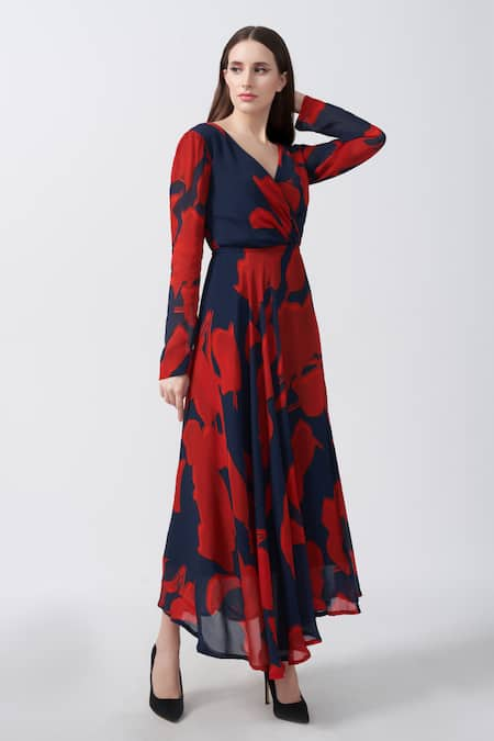 House of Varada Red Chinon Print Abstract V-neck Floral Asymmetric Dress 