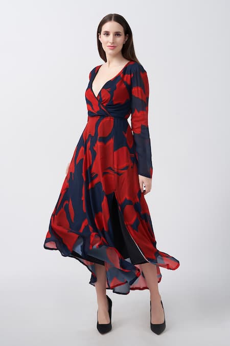 House Of Varada_Red Chiffon V-neck Abstract Floral Print Asymmetric Dress _Online_at_Aza_Fashions