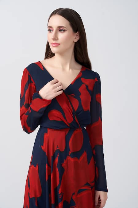 Buy_House Of Varada_Red Chiffon V-neck Abstract Floral Print Asymmetric Dress _Online_at_Aza_Fashions