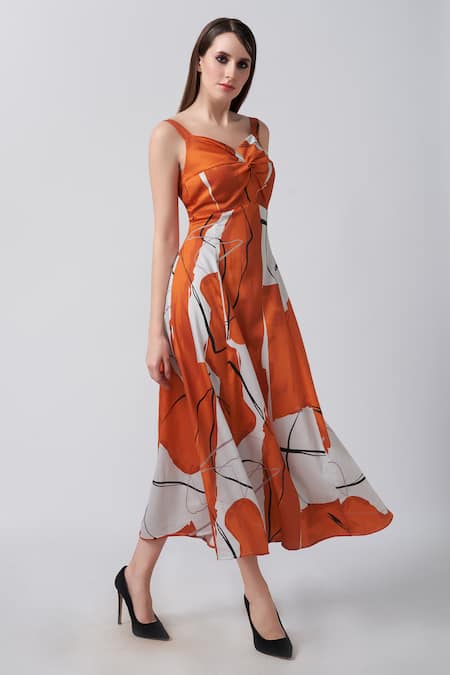 Buy House Of Varada Orange Cotton Satin Sweetheart Neck Abstract Scribble Print Twisted Bodice Dress Online at Aza Fashions Buy_House Of Varada_Orange Cotton Satin Sweetheart Neck Abstract Scribble Print Twisted Bodice Dress _Online_at_Aza_Fashions