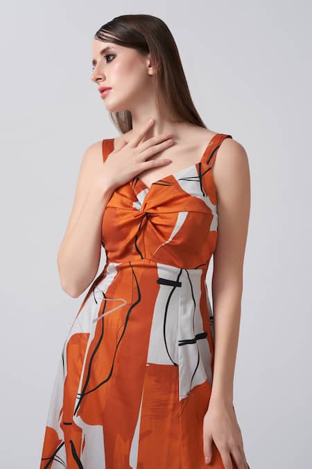 Shop House Of Varada Orange Cotton Satin Sweetheart Neck Abstract Scribble Print Twisted Bodice Dress Online at Aza Fashions Shop_House Of Varada_Orange Cotton Satin Sweetheart Neck Abstract Scribble Print Twisted Bodice Dress _Online_at_Aza_Fashions