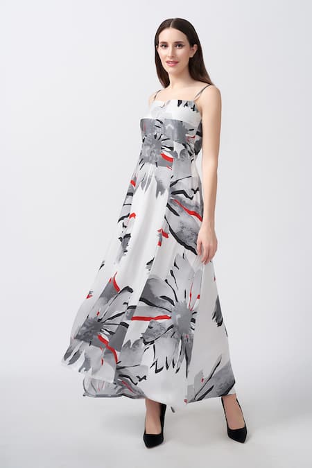 House Of Varada_White Modal, Satin Square Neck Floral Print Asymmetric Panelled Dress _Online_at_Aza_Fashions