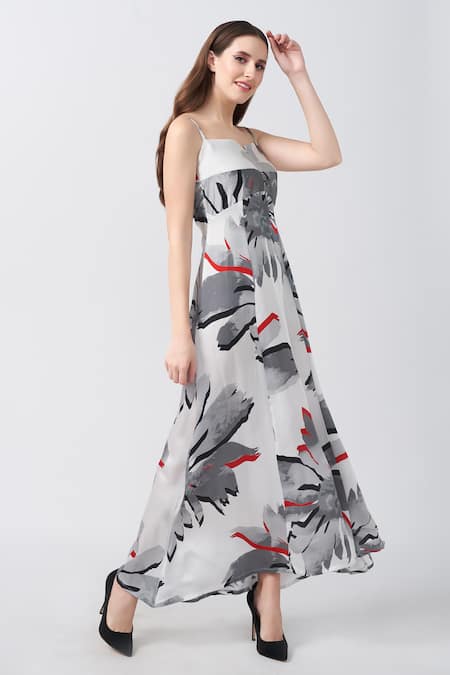 Buy_House Of Varada_White Modal, Satin Square Neck Floral Print Asymmetric Panelled Dress _Online_at_Aza_Fashions