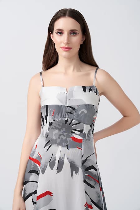 Shop_House Of Varada_White Modal, Satin Square Neck Floral Print Asymmetric Panelled Dress _Online_at_Aza_Fashions