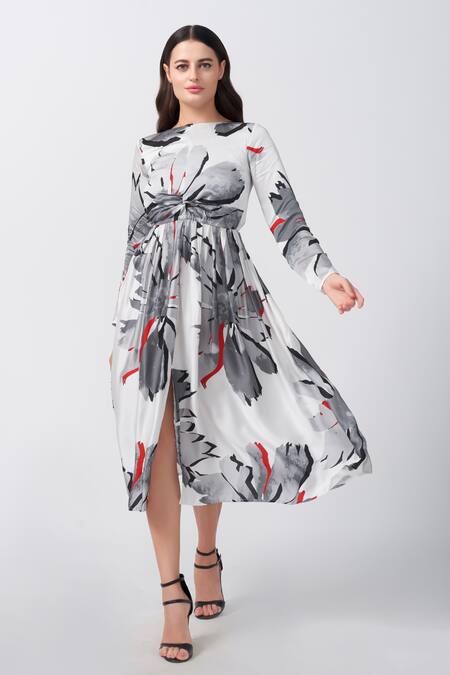 House Of Varada_White Modal, Satin Boat Neck Floral Print Twisted Front Bodice Flared Dress _Online_at_Aza_Fashions