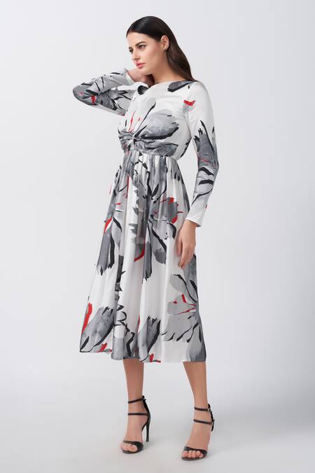 Buy_House Of Varada_White Modal, Satin Boat Neck Floral Print Twisted Front Bodice Flared Dress _Online_at_Aza_Fashions