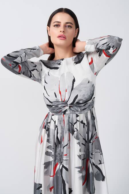 Shop_House Of Varada_White Modal, Satin Boat Neck Floral Print Twisted Front Bodice Flared Dress _Online_at_Aza_Fashions