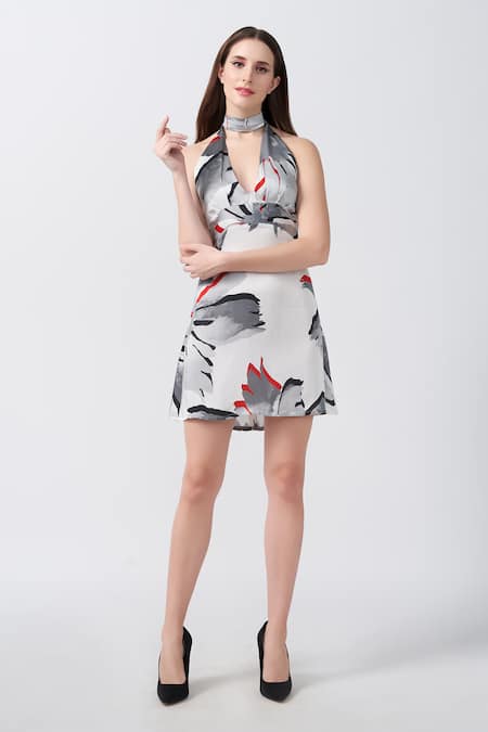 House of Varada Floral Print Halter Neck Tie Up Dress 