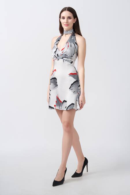 House Of Varada_White Modal, Satin Halter Neck Floral Print Tie Up Dress _Online_at_Aza_Fashions