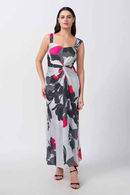 House of Varada Abstract Floral Print Twisted Front Knot Dress 