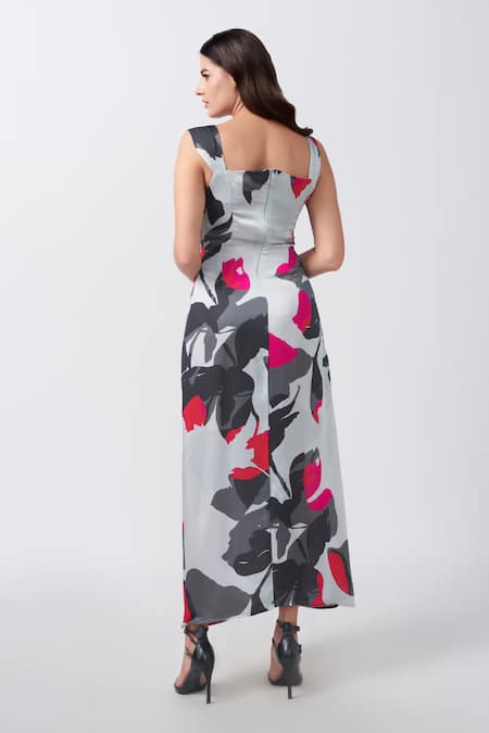 House Of Varada Abstract Floral Print Twisted Front Knot Dress 