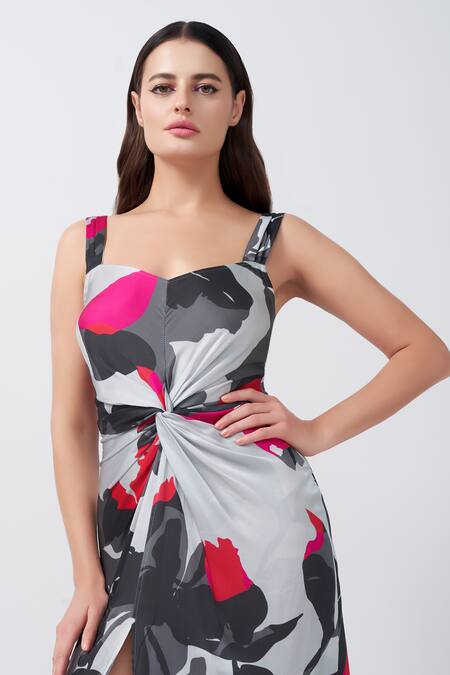 Shop_House Of Varada_White Modal, Satin Square Neck Abstract Floral Print Twisted Front Knot Dress _Online_at_Aza_Fashions