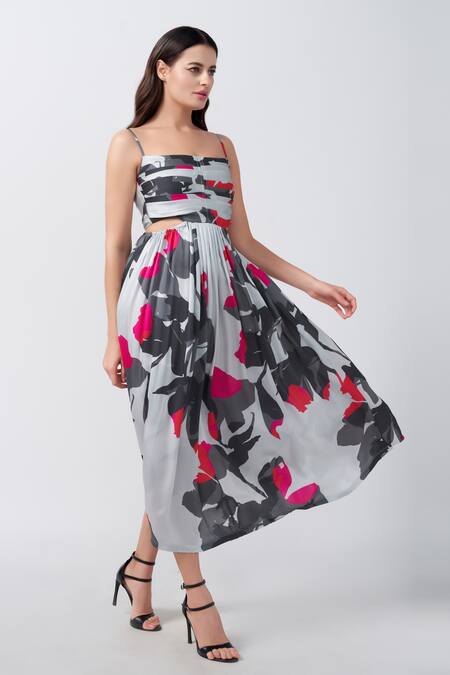 House Of Varada_White Modal, Satin Square Neck Abstract Floral Print Pleated A-line Dress _Online_at_Aza_Fashions