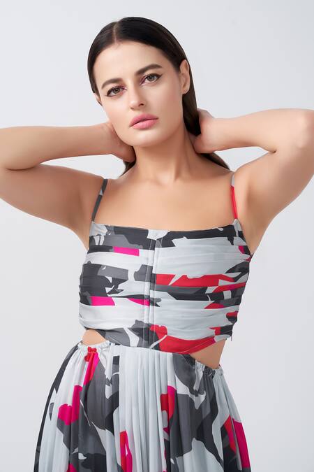 Buy_House Of Varada_White Modal, Satin Square Neck Abstract Floral Print Pleated A-line Dress _Online_at_Aza_Fashions