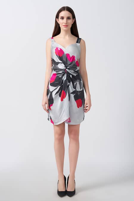 House Of Varada_White Modal, Satin Sweetheart Neck Floral Print Twisted Bodice Mini Dress _Online_at_Aza_Fashions